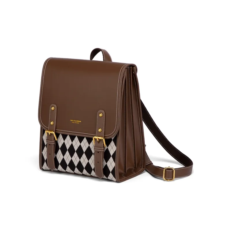 CNOLES Cow Leather Backpack Women's Mousse Brown Plaid/Mousse Black Plaid-1