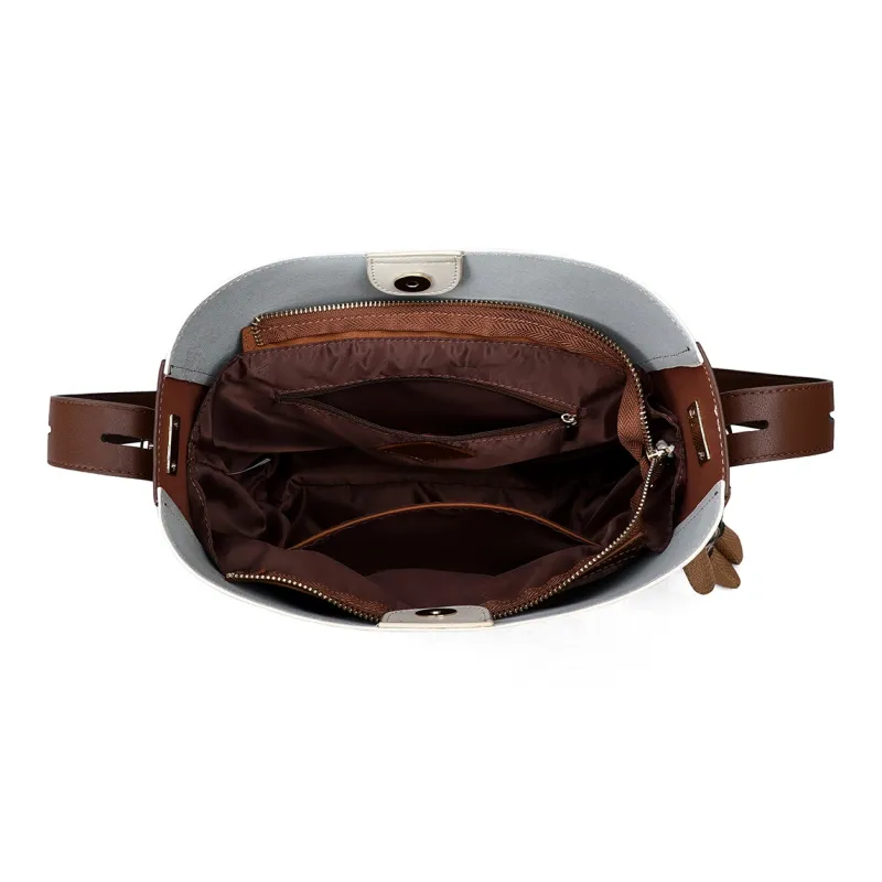 PT'SON Cow Leather With Synthetic Leather Shoulder Bag Women's Ecru Coffee-7