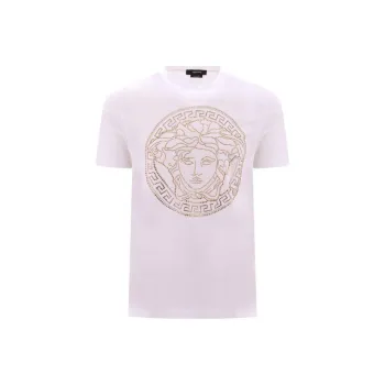 VERSACE Crew Neck Short Sleeved Rhinestone Print Pullover Short Sleeved T Shirt Men's White