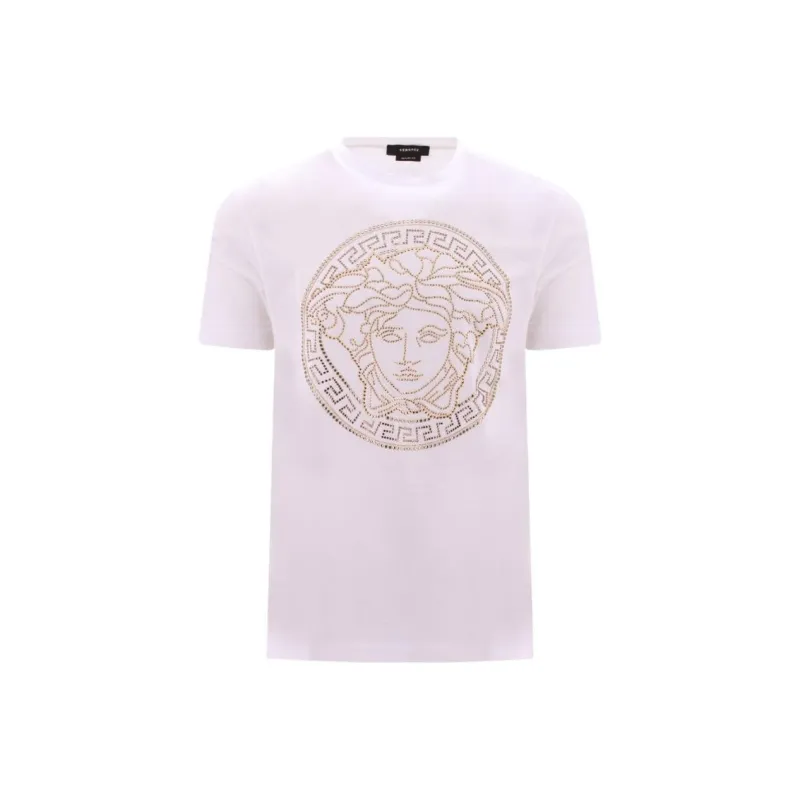 VERSACE Crew Neck Short Sleeved Rhinestone Print Pullover Short Sleeved T Shirt Men's White-0