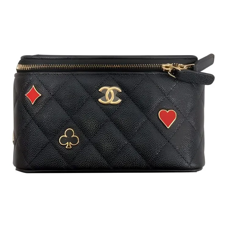 CHANEL 23P SS Grain Embossed Caviar Cow Leather Box Bag, Makeup Box, Shoulder Bag, Crossbody Bag Women's Black-0