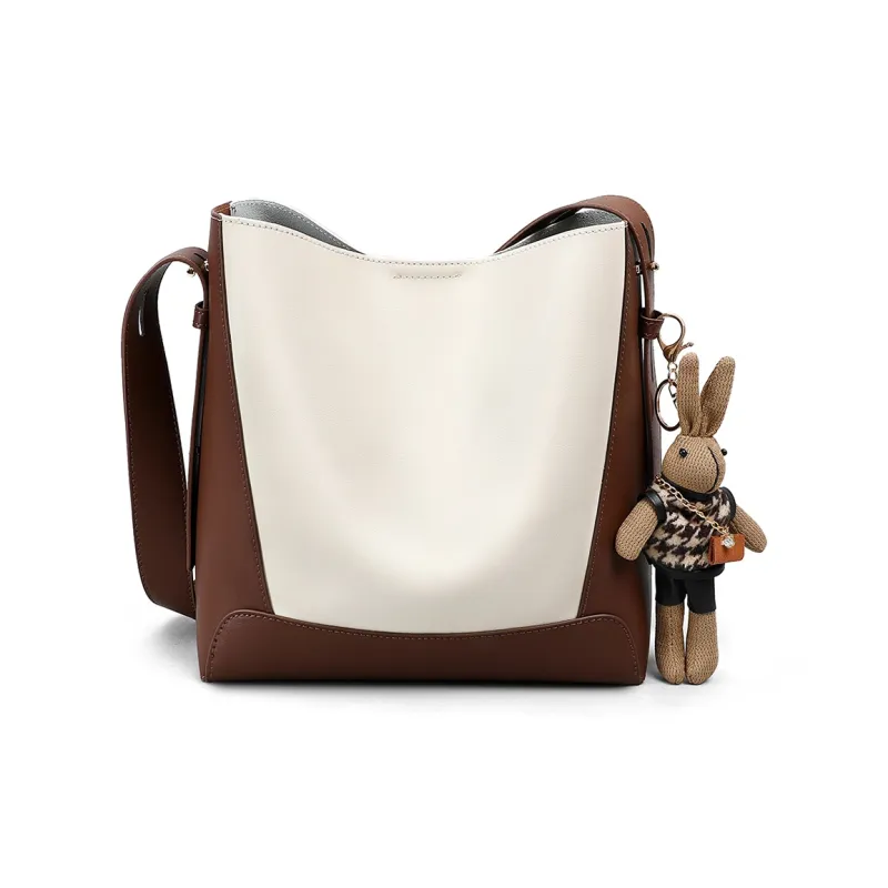PT'SON Cow Leather With Synthetic Leather Shoulder Bag Women's Ecru Coffee-5