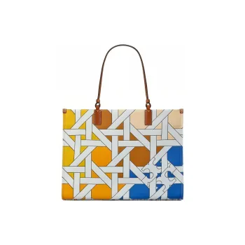 TORY BURCH Ella Cotton Canvas With Leather Tote Bag, Shopping Bag, Shoulder Bag, Handbag Tubas Women's Multicolor