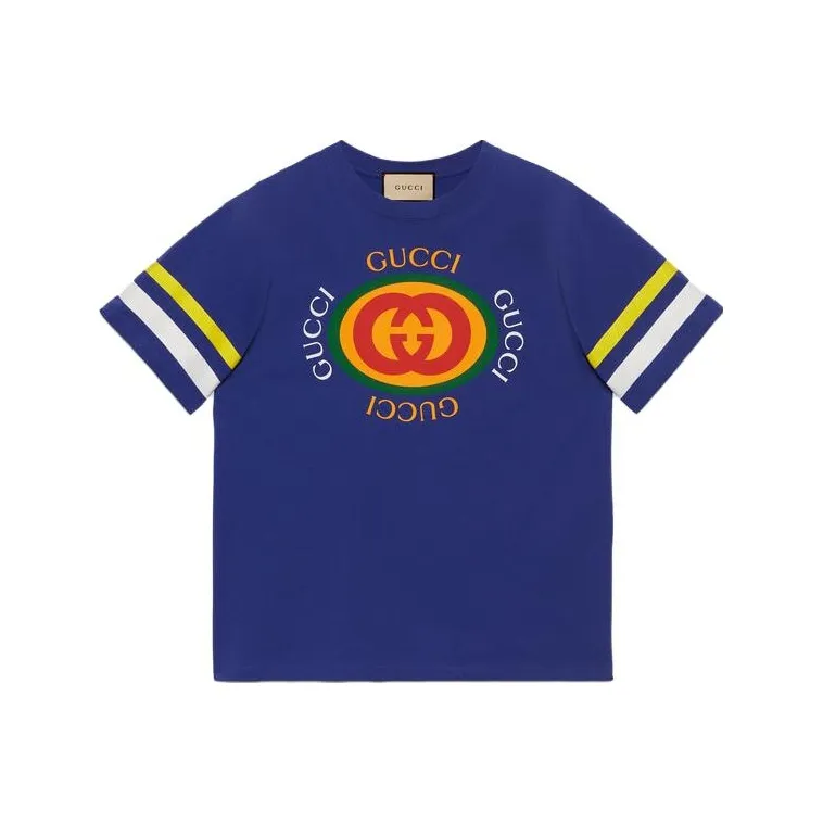 GUCCI Logo Print Crew Neck Pullover Short Sleeved T Shirt Men's Blue-0