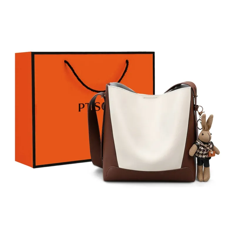 PT'SON Cow Leather With Synthetic Leather Shoulder Bag Women's Ecru Coffee-0