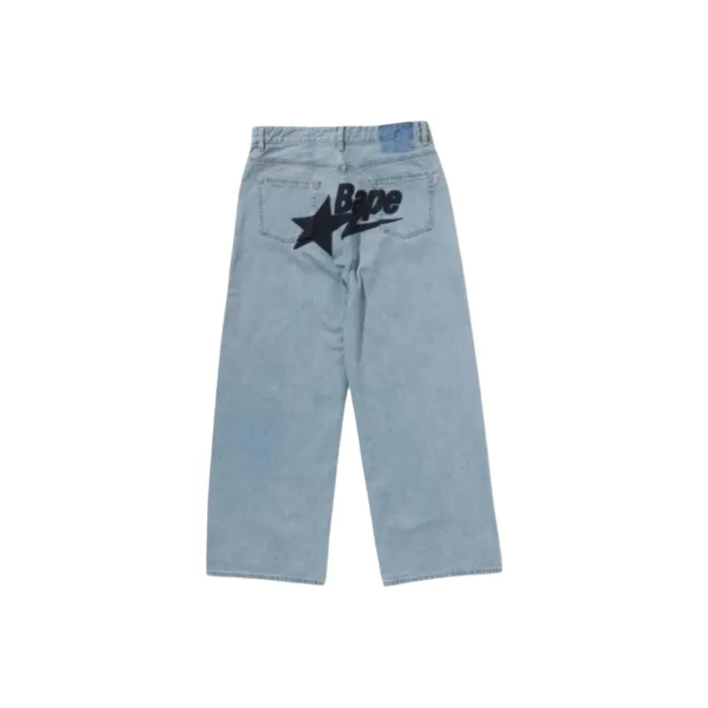 Bape Women's Sta Embroidery Baggy Denim Pants Blue-1