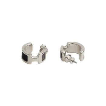 HERMES Calfskin, Palladium Plated Earrings Women's Black