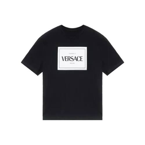 VERSACE Men Logo Letter Print Short Sleeve T Shirt Navy Blue Black