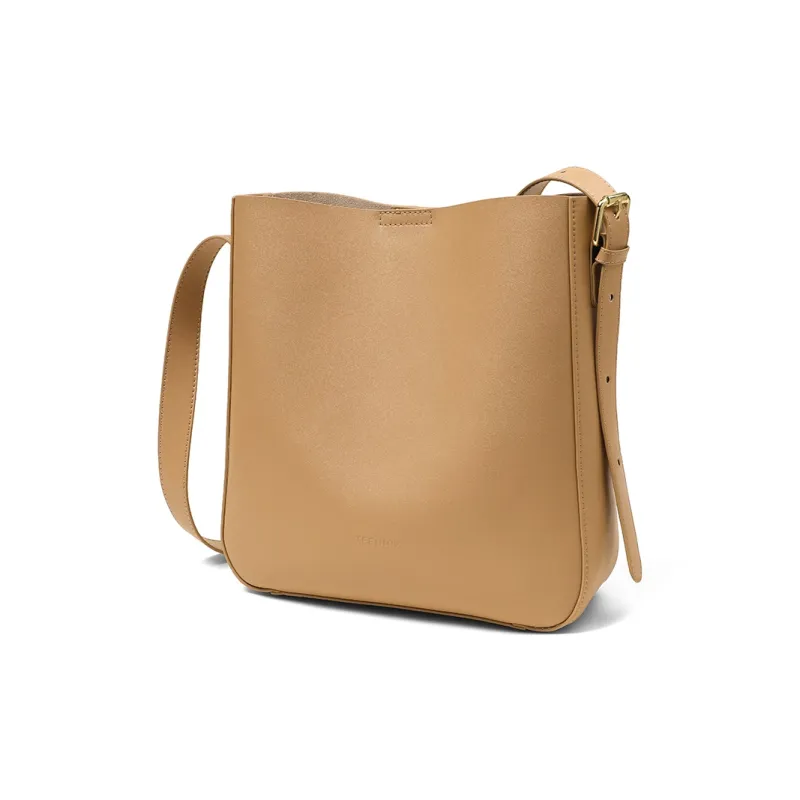 Teenmix Cow Leather With Microfiber Synthetic Leather Bucket Bag, Shoulder Bag Women's Milk Tea Apricot-1