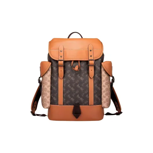 COACH Hitch Coated Canvas With Genuine Calfskin Backpack Large Size Men's Orange And Brown