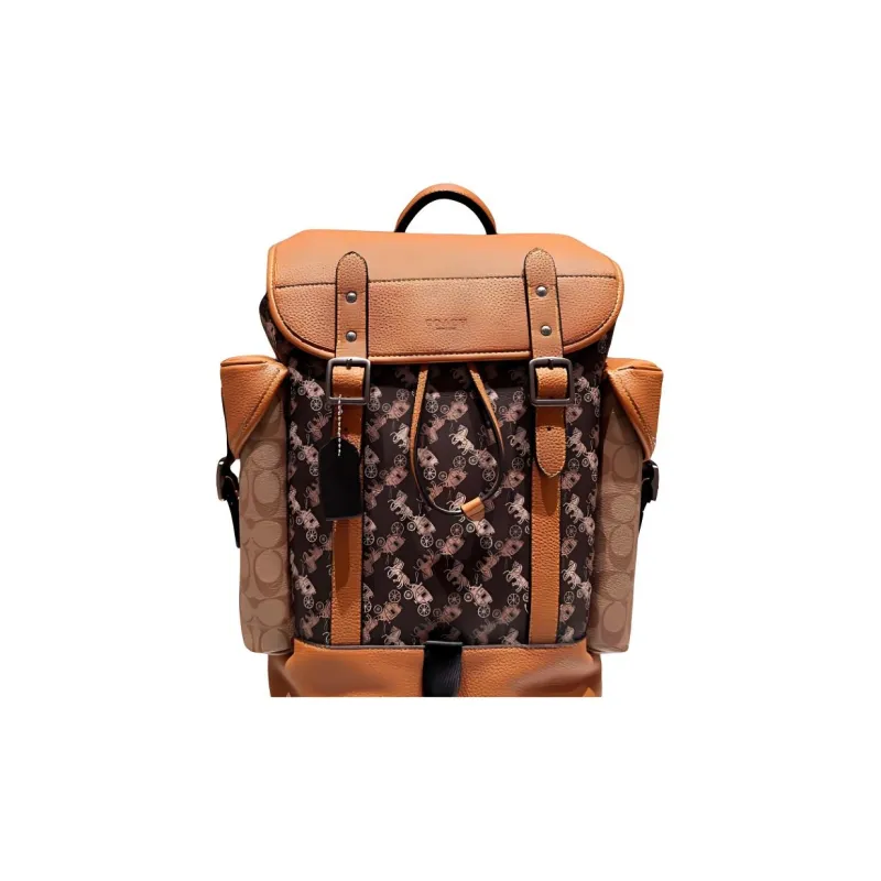 COACH Hitch Coated Canvas With Refined Calfskin Backpack Tubas Men's Orange & Brown-2