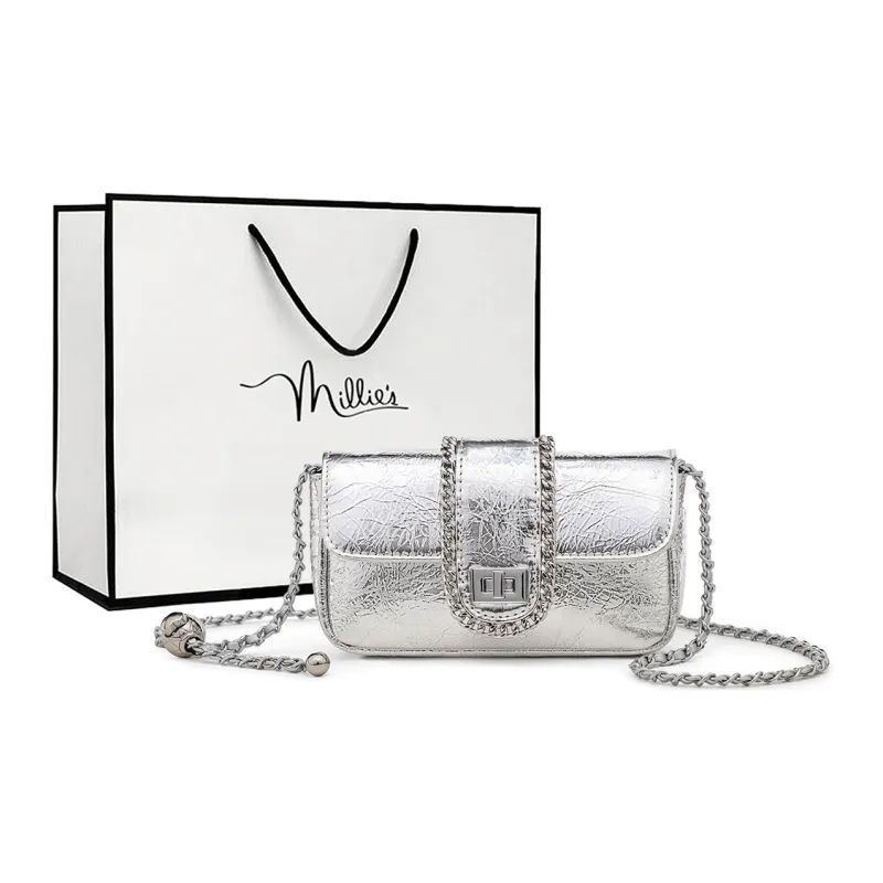 MILLIE'S Cow Leather Shoulder Bag Crossbody Bag Small Square Bag Women's Silver/Black-0