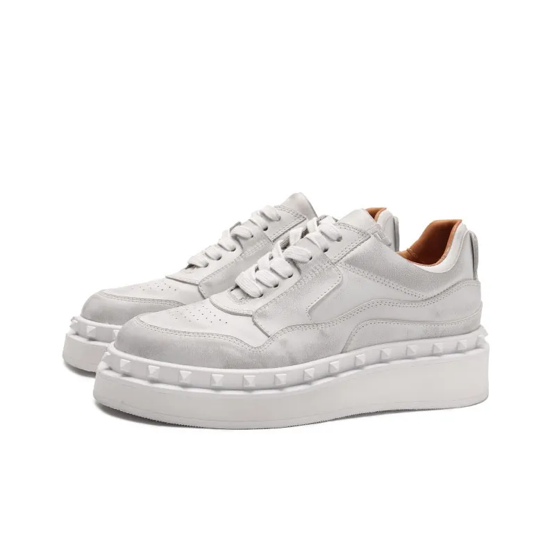 Viplander Dusty Shoes Balance Height Increasing Low Top Skateboard Shoes Women's Distressed White-1