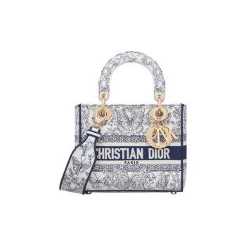 DIOR Lady D Lite Cotton Fabric Tote Bag Shopping Bag Shoulder Bag Handbag Small Size Women's Blue