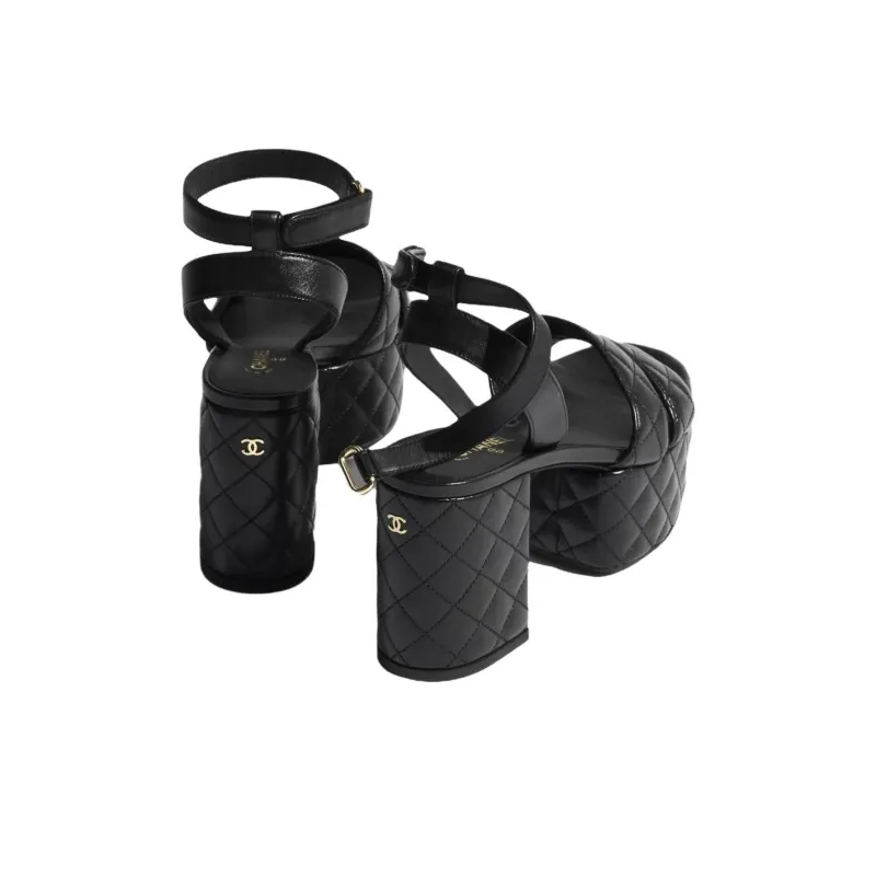 CHANEL 25S Strap Sandals 9cm Women's Black-3