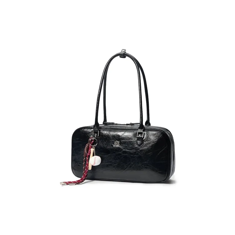 JONBAG Top Grain Cow Leather Vintage Shoulder Bag Versatile Premium Feel Large Size Women's Black Oil Wax-2