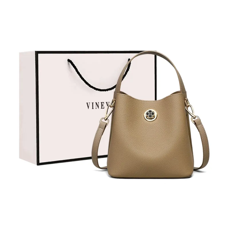 VINEY Cow Leather Handbag, Shoulder Bag, Crossbody Bag, Bucket Bag Medium Size Women's Elephant Gray-0