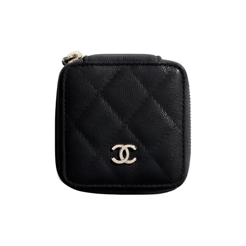 CHANEL Solid Color Grain Caviar Calfskin Coin Purse Women's Black-0