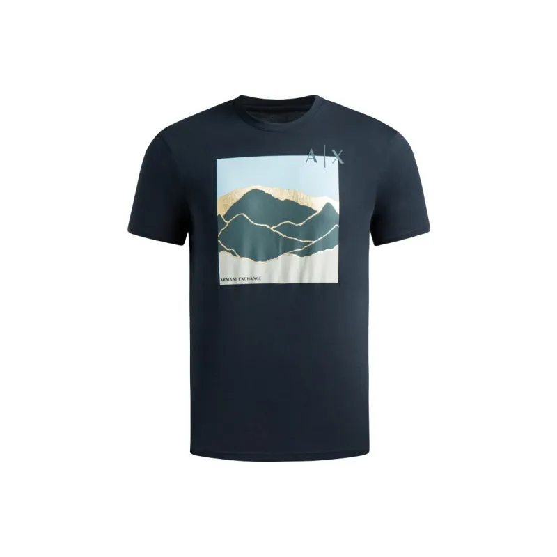 ARMANI EXCHANGE Letter Pattern Print Crew Neck Pullover Short Sleeved T Shirt Men's Marine Blue-0