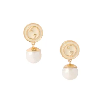 GUCCI Artificial Pearl Enamel Metal Earrings Women's Gold
