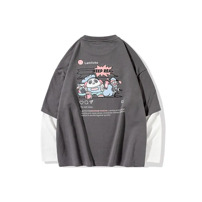 LAMLICKA YINYUEXIONGMAO Crew Neck Fitted Mock Two Piece T Shirt Unisex-0