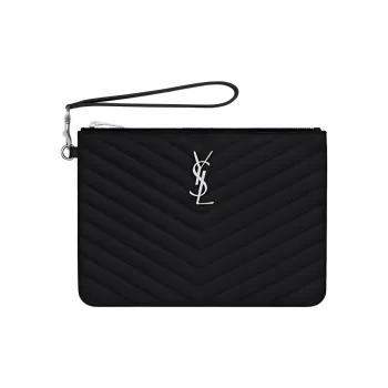 SAINT LAURENT Monogram Cow Leather Wrist Bag, Clutch, Coin Purse Women's Black