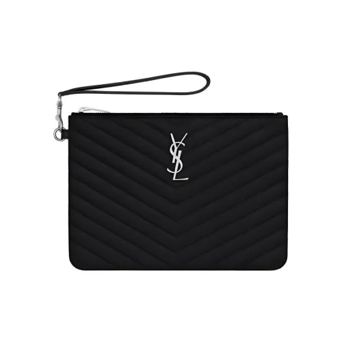 SAINT LAURENT Monogram Cow Leather Wrist Bag, Clutch, Coin Purse Women's Black