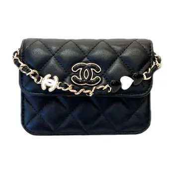 CHANEL 23P SS Lambskin Card Holder Shoulder Bag Women's Black