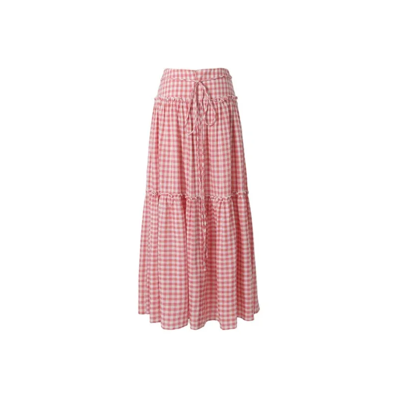 ZAZN Casual Long Skirts Women's Pink Plaid-1