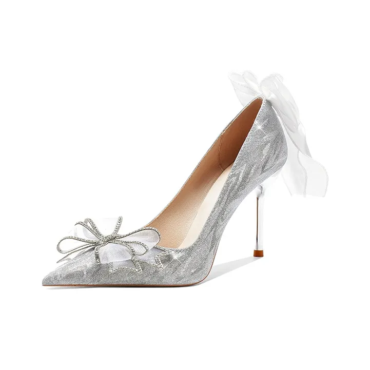 Crelinkxlat Lover Rose Box, French Fairy Princess Evening Breeze Slim Heel High Heels Women's Silver-0