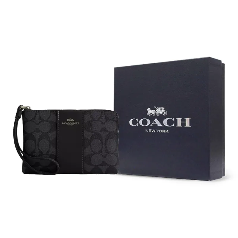 COACH Corner Zip Coated Canvas Clutch Trumpets Women's Charcoal & Black-5