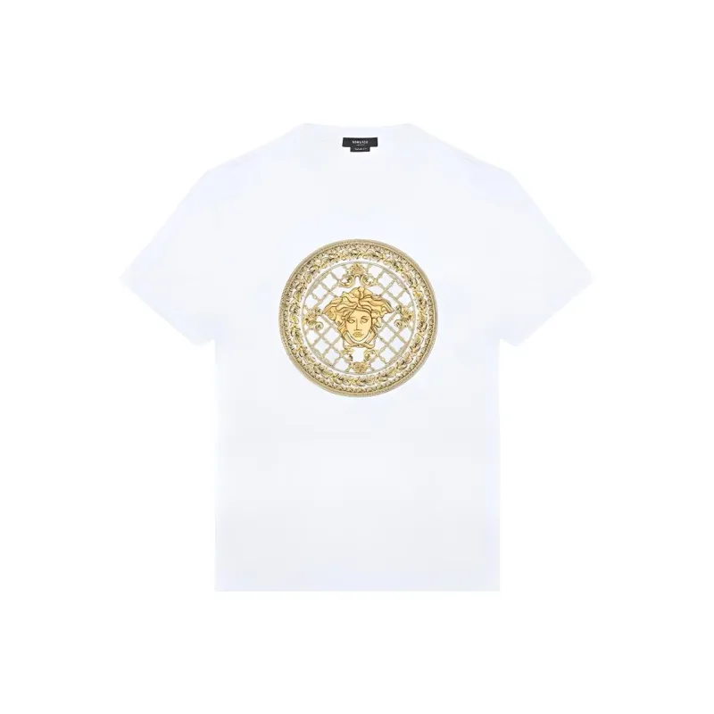 VERSACE Logo Emblem Crew Neck Short Sleeved T Shirt T Shirt Men's White-0