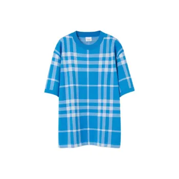 Burberry Plaid Jacquard Crew Neck Loose Fit Short Sleeved T Shirt Men's Vivid Blue