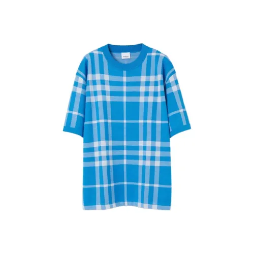 Burberry Plaid Jacquard Crew Neck Loose Fit Short Sleeved T Shirt Men's Vivid Blue