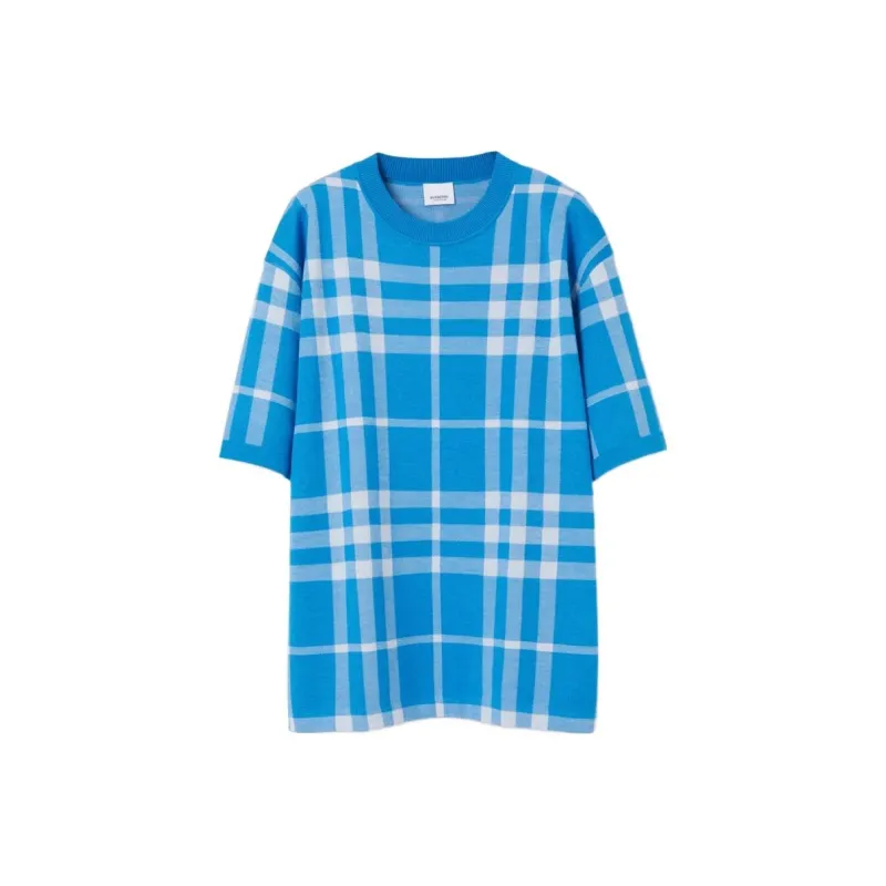 Burberry Plaid Jacquard Crew Neck Loose Fit Short Sleeved T Shirt Men's Vivid Blue-0