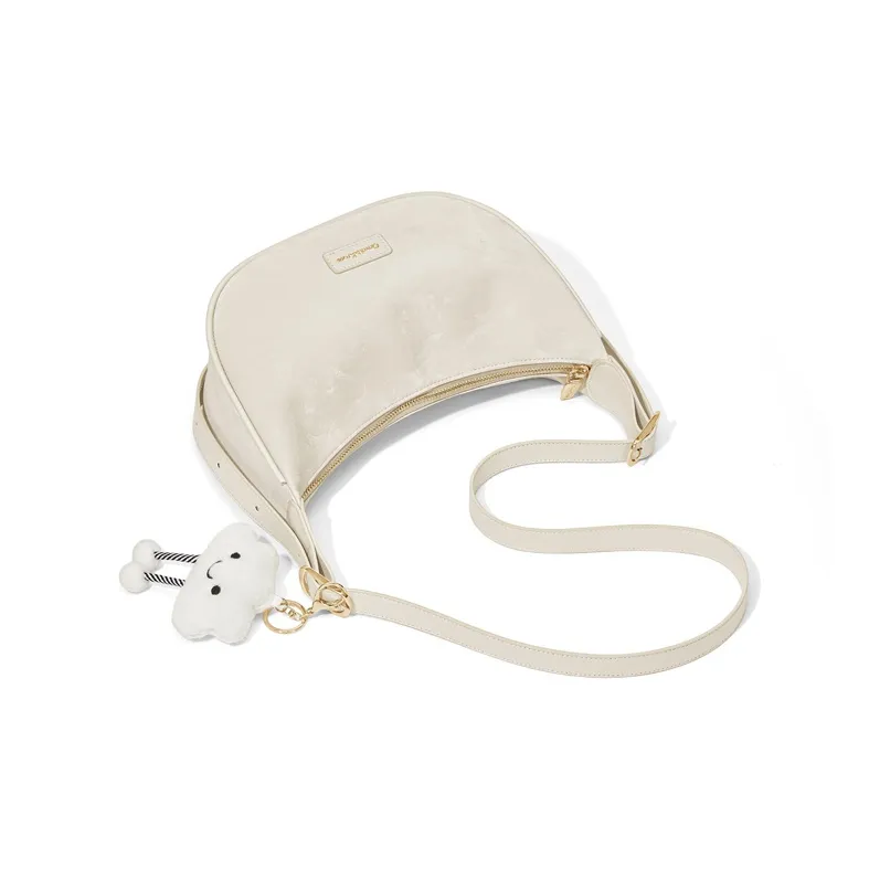 CinvaiKrose Cow Leather Shoulder Bag, Crossbody Bag, Sports Dumpling Bag Small Size Women's Ecru/Black/Green-3
