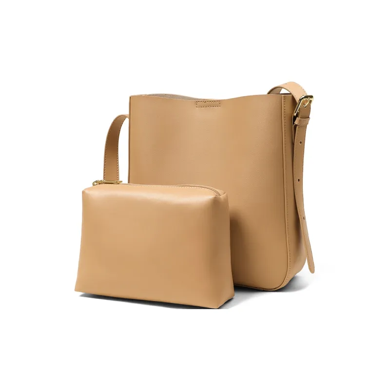 Teenmix Cow Leather With Microfiber Synthetic Leather Bucket Bag, Shoulder Bag Women's Milk Tea Apricot-3