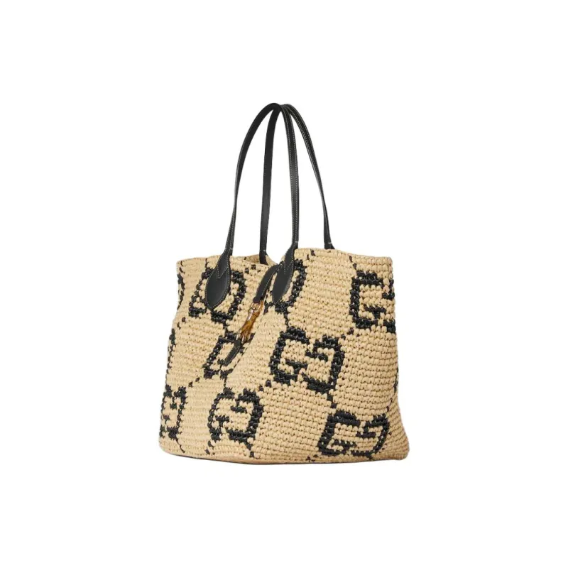 GUCCI Raffia Tote Bag, Shopping Bag, Shoulder Bag Trumpets Women's Brown-2