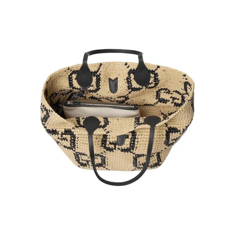 GUCCI Raffia Tote Bag, Shopping Bag, Shoulder Bag Trumpets Women's Brown-5