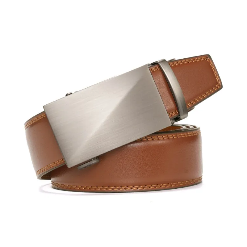 PISHUSHU Cow Leather Automatic Buckle Belt Men's Brown Brushed Gunmetal Buckle Width  3.5cm-1