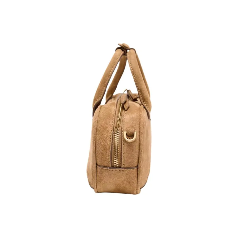 ZARA Pig Leather Bowling Bag, Shoulder Bag, Crossbody Bag, Handbag Mini Women's Sand & Brown-2
