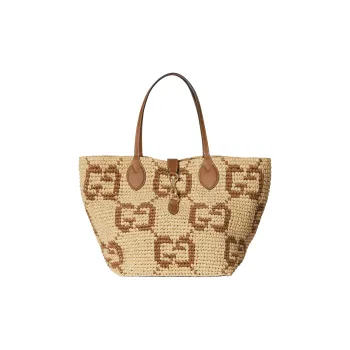 GUCCI Raffia Tote Bag, Shopping Bag, Shoulder Bag Trumpets Women's Original & Brown