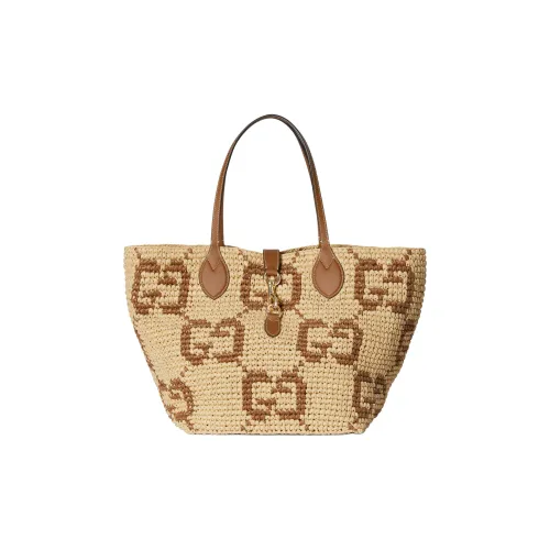 GUCCI Raffia Tote Bag Shopping Bag Shoulder Bags Small Size Women's Original & Brown