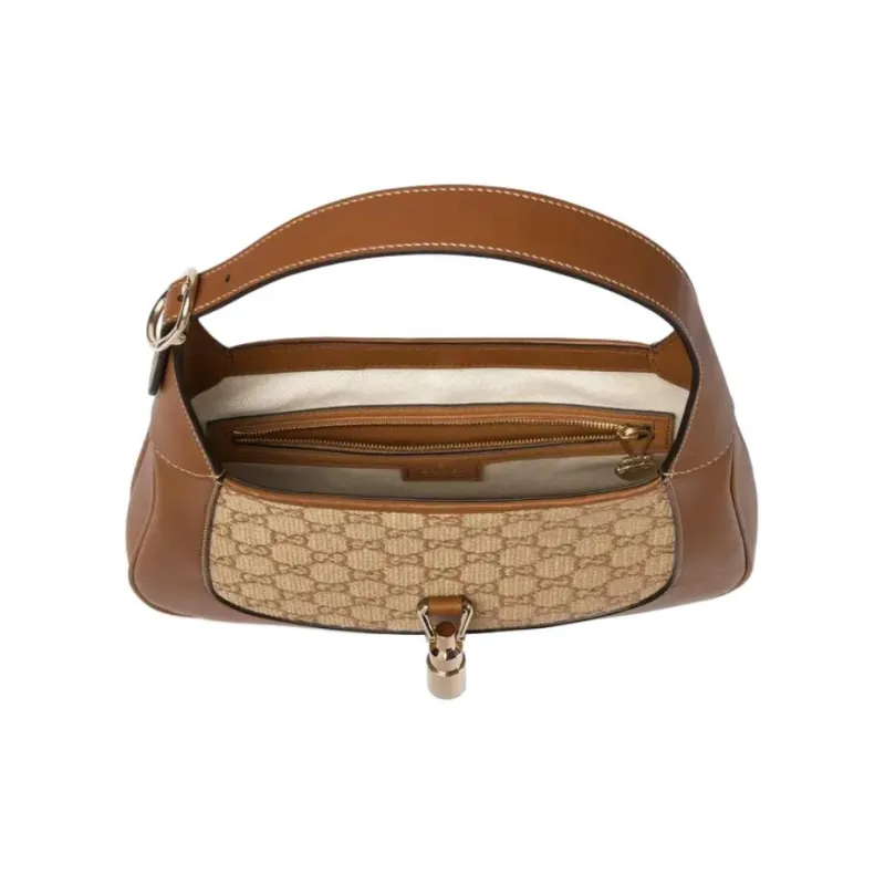 GUCCI Jackie 1961 Raffia Effect Fabric Handbag, Shoulder Bag Trumpets Women's Brown-5