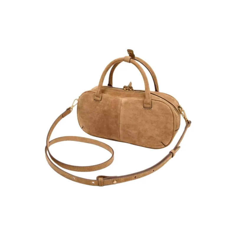 ZARA Pig Leather Bowling Bag, Shoulder Bag, Crossbody Bag, Handbag Mini Women's Sand & Brown-1