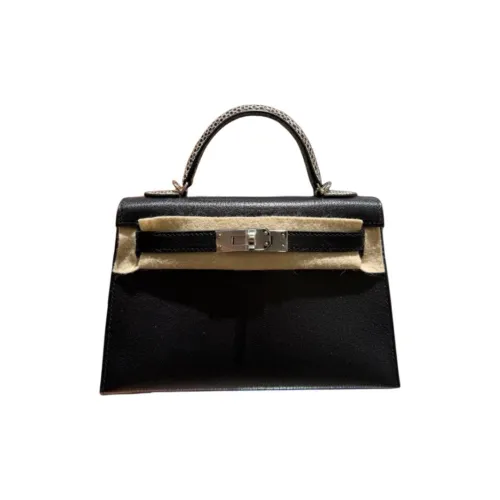 HERMES Mini Kelly 2nd Generation Goatskin Handbag Women's Black