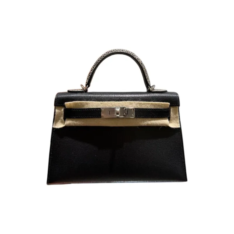 HERMES Mini Kelly 2nd Generation Goatskin Handbag Women's Black-0
