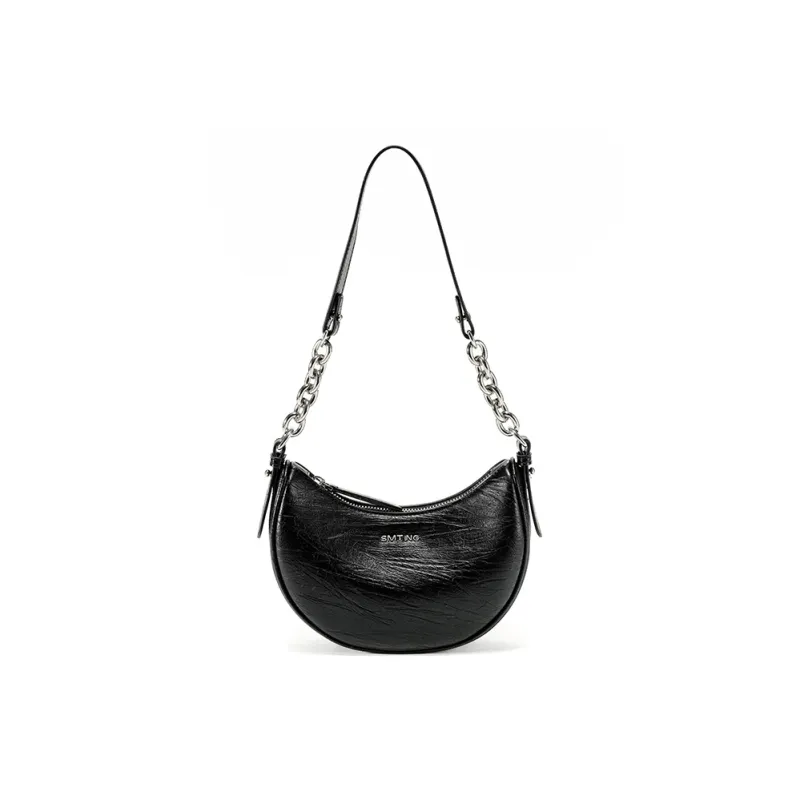 Simedin Cow Leather Crescent Bag Chain Crossbody Bag, Shoulder Bag Trumpets Women's Silver Gray/Deep Black-6