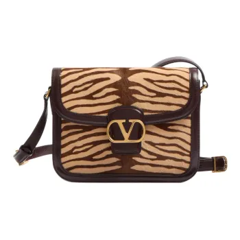 Valentino GARAVANI Calfskin Crossbody Bag, Shoulder Bag Women's Beige & Dark Brown