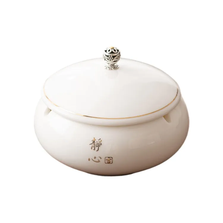 KERPA Chinese Style Modern Luxury Premium White Porcelain Ashtray With Lid To Prevent Flying Ash-2